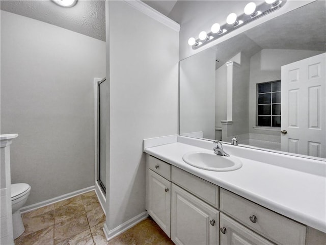 bathroom with a textured ceiling, a shower with door, vanity, and toilet