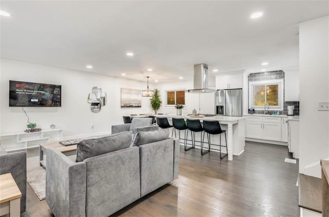 living room with dark hardwood / wood-style flooring and sink