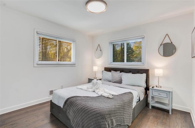 bedroom featuring multiple windows and dark hardwood / wood-style flooring