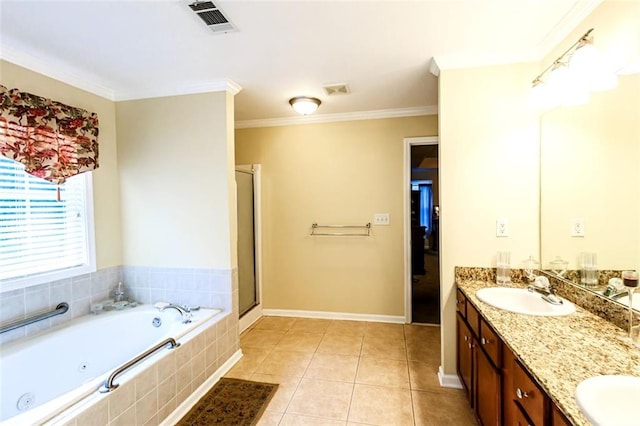 bathroom with vanity, crown molding, separate shower and tub, and tile patterned flooring