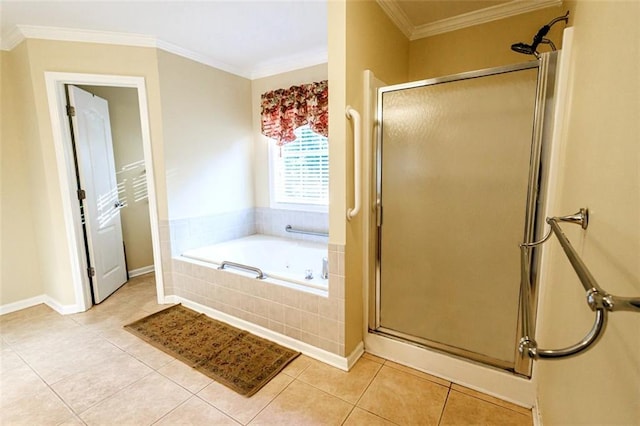 bathroom with tile patterned floors, ornamental molding, and independent shower and bath