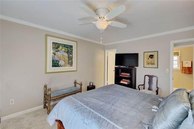 bedroom with light carpet, baseboards, ornamental molding, and ceiling fan