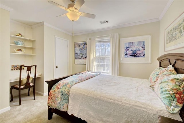 bedroom with light colored carpet, visible vents, crown molding, and baseboards