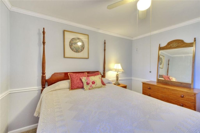 bedroom featuring ornamental molding and a ceiling fan