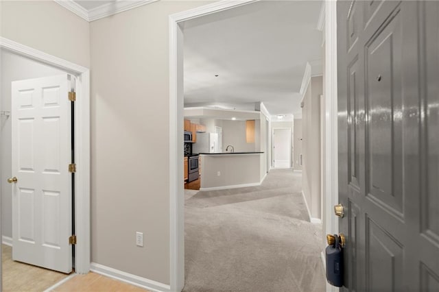 426 Pembrooke Cir Unit 426, Alpharetta, GA 30004 - hallway with crown molding, baseboards, light carpet, and a sink