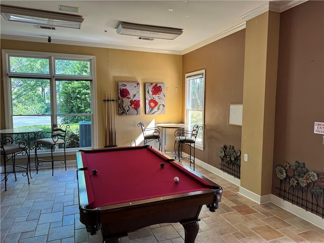 426 Pembrooke Cir Unit 426, Alpharetta, GA 30004 - game room with stone tile floors, billiards, crown molding, baseboards, and healthy amount of natural light