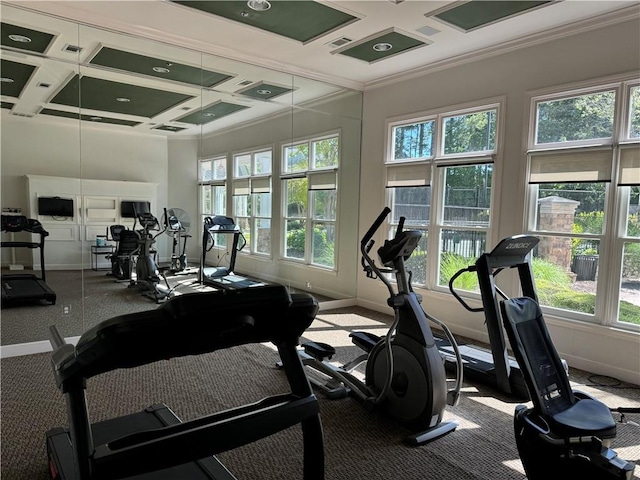 426 Pembrooke Cir Unit 426, Alpharetta, GA 30004 - exercise room with coffered ceiling, ornamental molding, baseboards, carpet floors, and a high ceiling