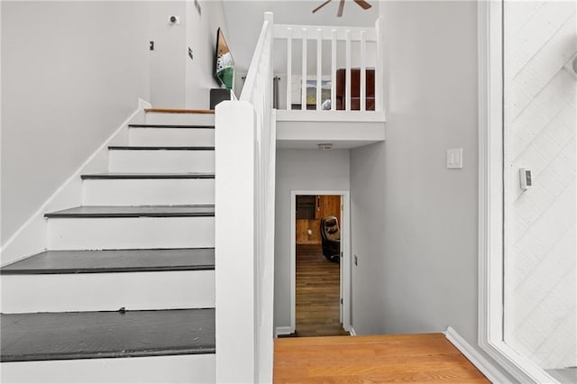 staircase with hardwood / wood-style flooring