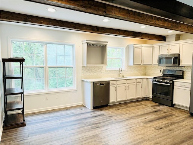 kitchen with sink, appliances with stainless steel finishes, backsplash, white cabinets, and light wood-type flooring