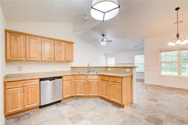 221 Glenview Trl, Griffin, GA 30224 - kitchen with stainless steel dishwasher, vaulted ceiling, a chandelier, ceiling fan, and a peninsula