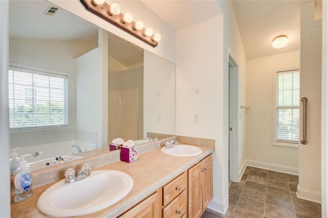 221 Glenview Trl, Griffin, GA 30224 - bathroom with healthy amount of natural light, double vanity, a bath, and a shower