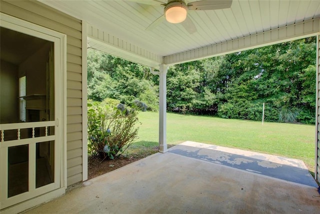 221 Glenview Trl, Griffin, GA 30224 - view of patio / terrace featuring ceiling fan and view of wooded area