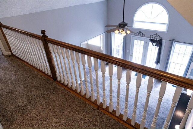 staircase featuring high vaulted ceiling, ceiling fan, and carpet floors