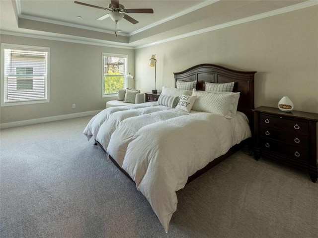 360 Hayden Cir, Woodstock, GA 30189 - bedroom with a tray ceiling, light colored carpet, crown molding, baseboards, and a ceiling fan