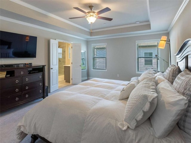 360 Hayden Cir, Woodstock, GA 30189 - bedroom featuring a raised ceiling, multiple windows, crown molding, a ceiling fan, and carpet