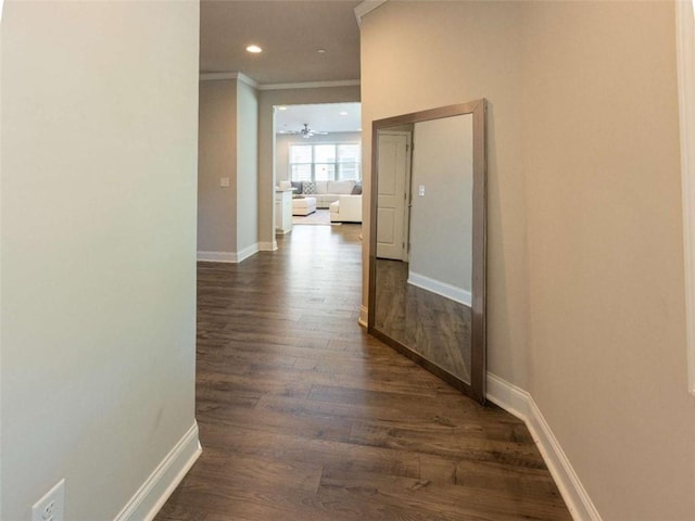 360 Hayden Cir, Woodstock, GA 30189 - hallway featuring dark wood finished floors, baseboards, and crown molding