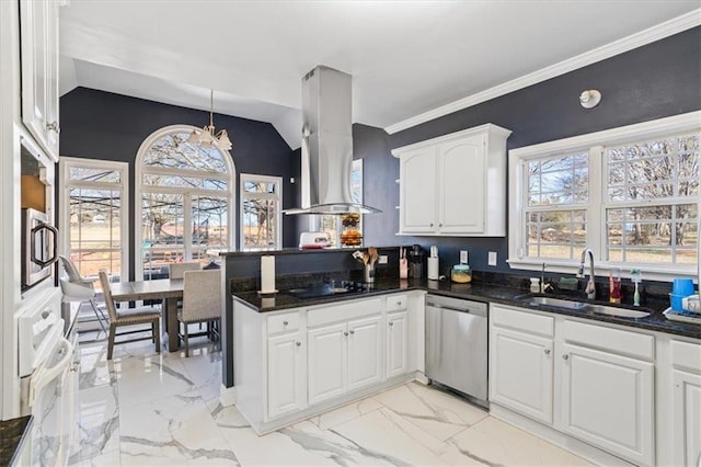 kitchen featuring marble finish floor, island exhaust hood, stainless steel appliances, white cabinetry, and a sink