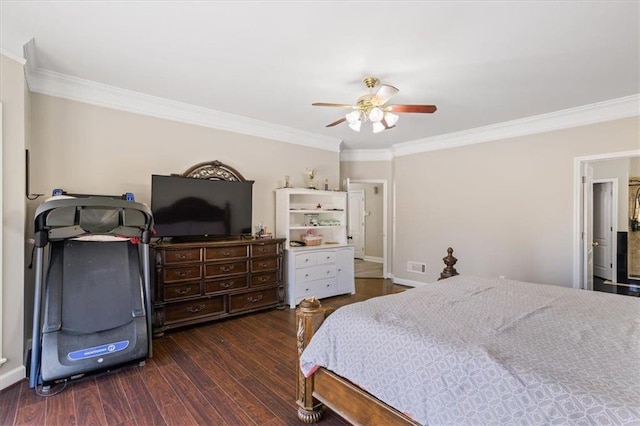 bedroom featuring ornamental molding, dark wood finished floors, and ceiling fan