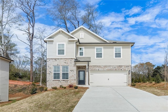 view of front of home with a garage, brick siding, and driveway