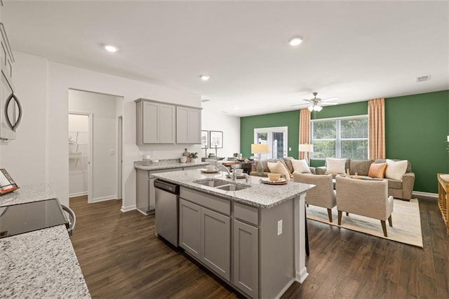 kitchen with dark hardwood / wood-style flooring, sink, gray cabinets, and dishwasher