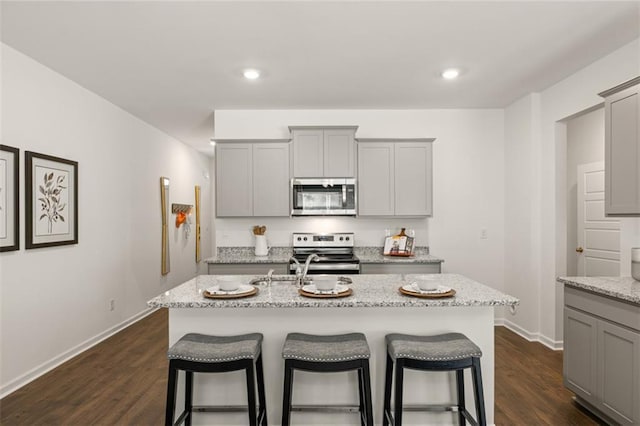 kitchen featuring stainless steel appliances, gray cabinetry, and a center island with sink