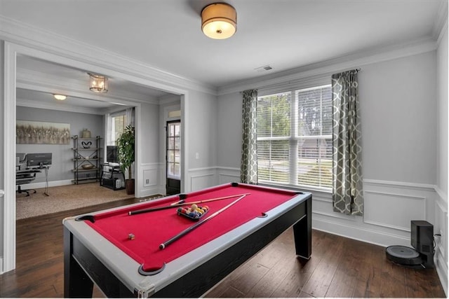 2953 Balvenie Pl, Acworth, GA 30101 - rec room with billiards table, a wainscoted wall, dark wood finished floors, and ornamental molding