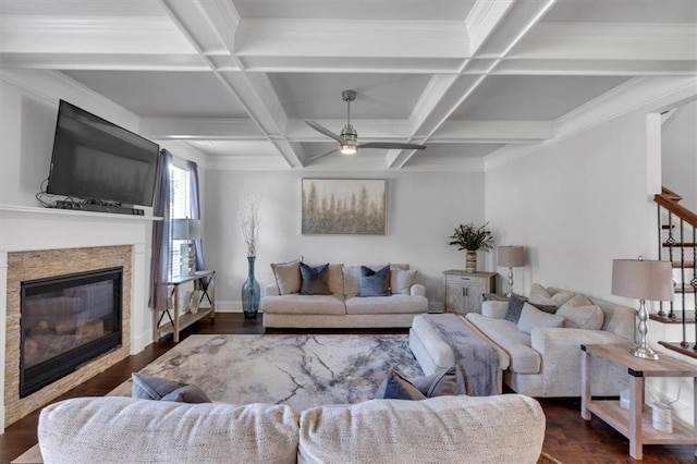 2953 Balvenie Pl, Acworth, GA 30101 - living area featuring a fireplace, dark wood-style floors, ceiling fan, beamed ceiling, and coffered ceiling