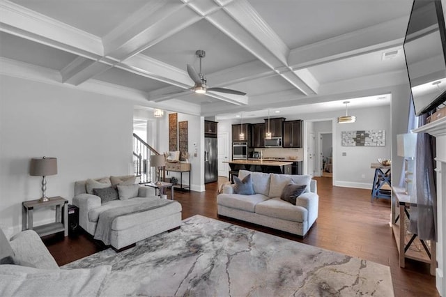 2953 Balvenie Pl, Acworth, GA 30101 - living area featuring stairs, ceiling fan, coffered ceiling, dark wood-style floors, and beamed ceiling