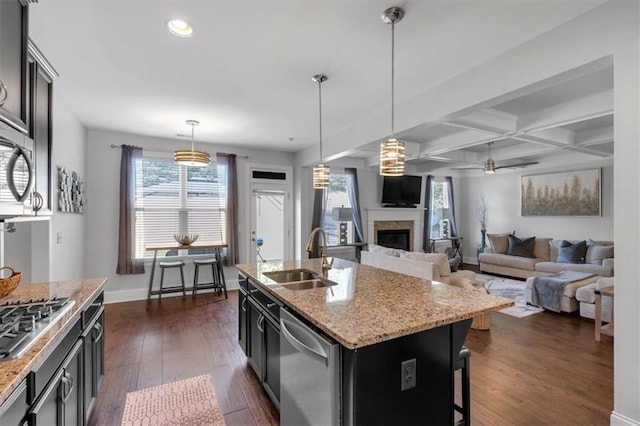 2953 Balvenie Pl, Acworth, GA 30101 - kitchen featuring appliances with stainless steel finishes, a sink, a glass covered fireplace, dark wood-style floors, and baseboards