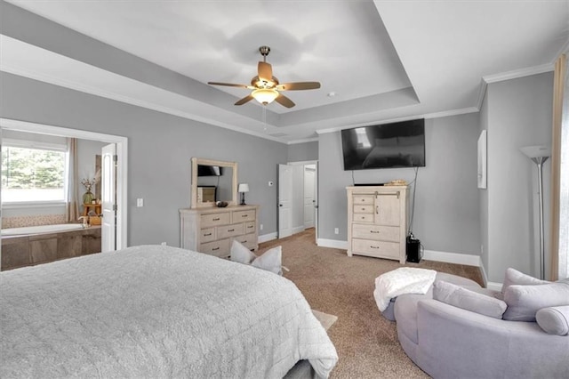 2953 Balvenie Pl, Acworth, GA 30101 - carpeted bedroom with a raised ceiling, baseboards, ornamental molding, and a ceiling fan