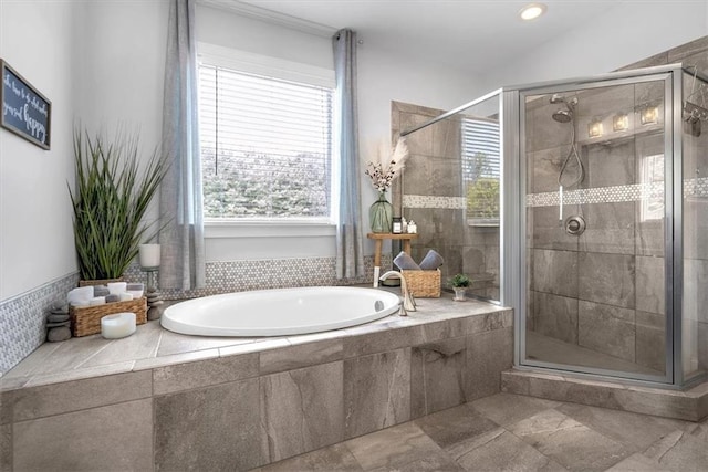 2953 Balvenie Pl, Acworth, GA 30101 - bathroom featuring a bath, plenty of natural light, a shower stall, and recessed lighting