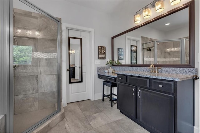 2953 Balvenie Pl, Acworth, GA 30101 - bathroom featuring a shower stall, vanity, and baseboards