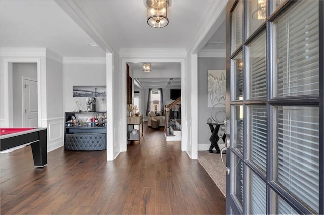 2953 Balvenie Pl, Acworth, GA 30101 - foyer entrance with ornamental molding, dark wood-style flooring, and stairway