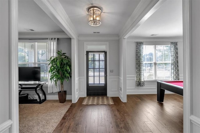 2953 Balvenie Pl, Acworth, GA 30101 - foyer featuring hardwood / wood-style flooring, a wainscoted wall, crown molding, and pool table