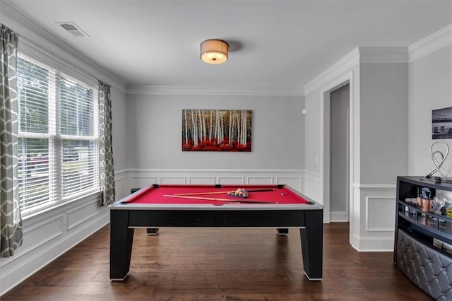 2953 Balvenie Pl, Acworth, GA 30101 - playroom with wood finished floors, billiards, ornamental molding, and wainscoting