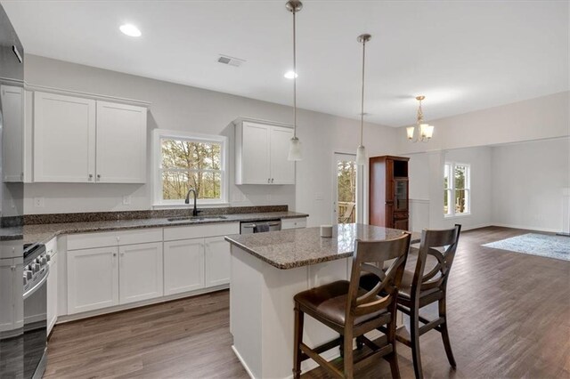 822 Pine Way, Dallas, GA 30157 - kitchen with appliances with stainless steel finishes, wood finished floors, a sink, and an inviting chandelier