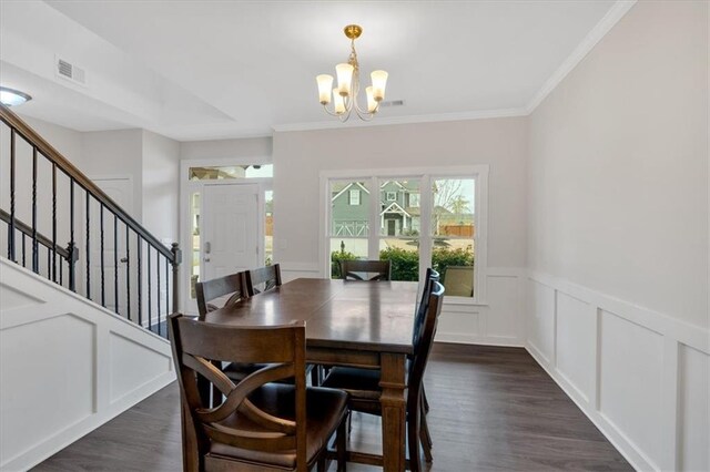 822 Pine Way, Dallas, GA 30157 - dining space with a decorative wall, visible vents, ornamental molding, dark wood-style floors, and a notable chandelier