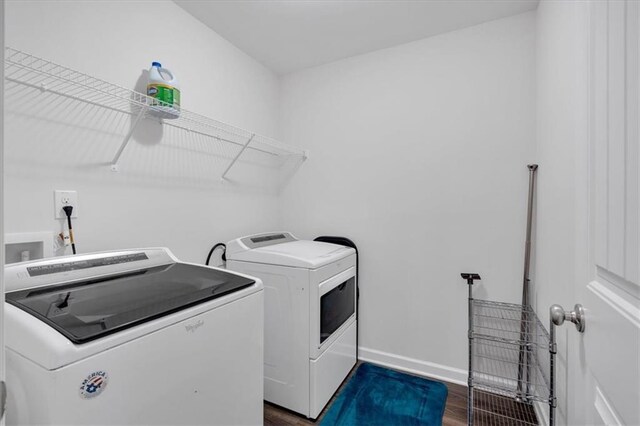 822 Pine Way, Dallas, GA 30157 - laundry room featuring baseboards, washing machine and clothes dryer, laundry area, and dark wood-style flooring