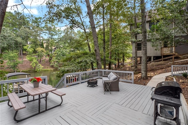 114 Narrows Loop, Waleska, GA 30183 - wooden terrace featuring an outdoor fire pit, a water view, view of wooded area, and area for grilling