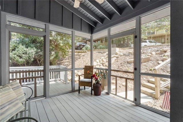 114 Narrows Loop, Waleska, GA 30183 - sunroom with a ceiling fan and beamed ceiling