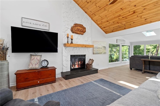 114 Narrows Loop, Waleska, GA 30183 - living room featuring wooden ceiling, wood finished floors, a stone fireplace, high vaulted ceiling, and baseboards