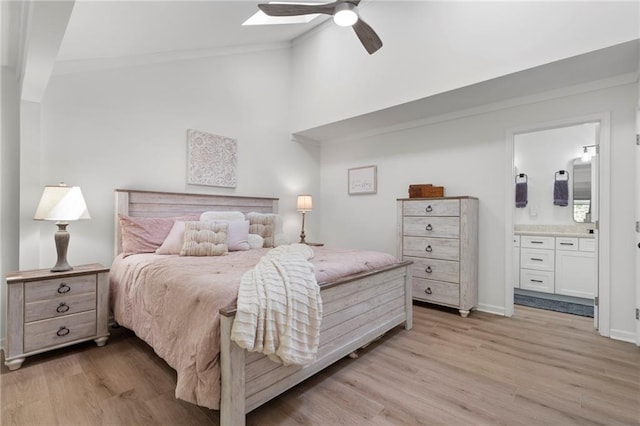 114 Narrows Loop, Waleska, GA 30183 - bedroom featuring light wood finished floors, crown molding, ensuite bath, ceiling fan, and baseboards