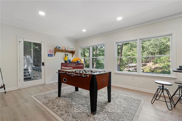 114 Narrows Loop, Waleska, GA 30183 - playroom with light wood-style flooring, baseboards, ornamental molding, and recessed lighting