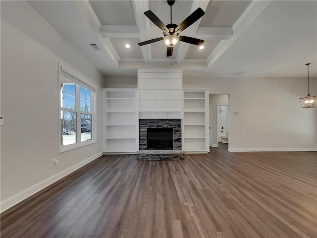 unfurnished living room with visible vents, coffered ceiling, dark wood-type flooring, and baseboards