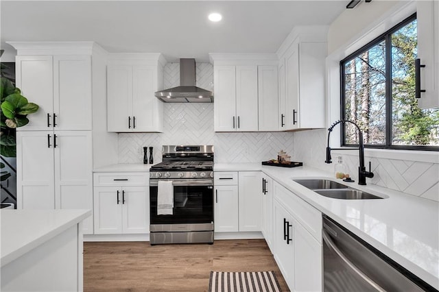 kitchen featuring stainless steel appliances, wall chimney range hood, a sink, light countertops, and decorative backsplash