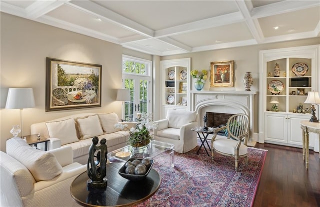 living room with beamed ceiling and coffered ceiling