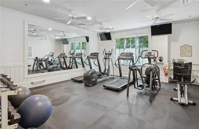 workout area featuring plenty of natural light, wainscoting, ornamental molding, and a ceiling fan