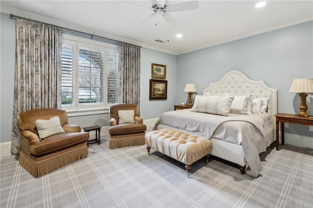 bedroom featuring light colored carpet, ornamental molding, visible vents, recessed lighting, and baseboards
