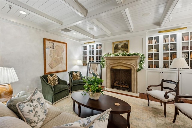 sunroom / solarium featuring french doors and beam ceiling