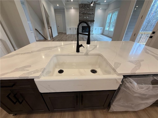 details featuring sink, wood-type flooring, and a brick fireplace